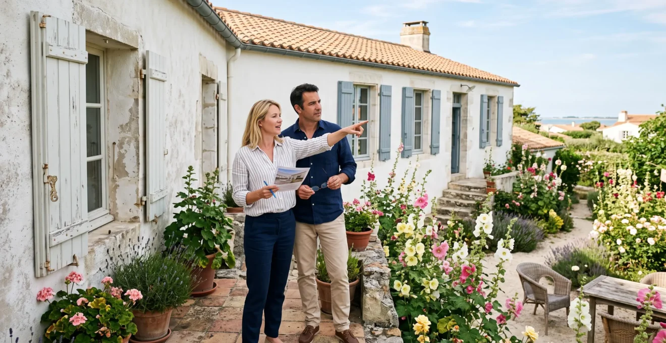 A couple discusses villa rental options on a sunlit Île de Ré terrace.