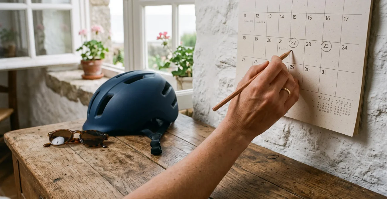 A hand marks travel dates on a calendar in a bright coastal home.