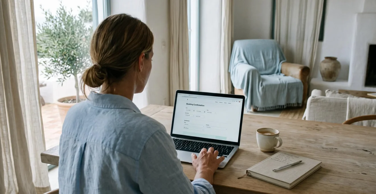 A woman books a villa rental on her laptop in a bright living room.